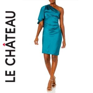 Le chateau satin teal one shoulder ruched cocktail dress